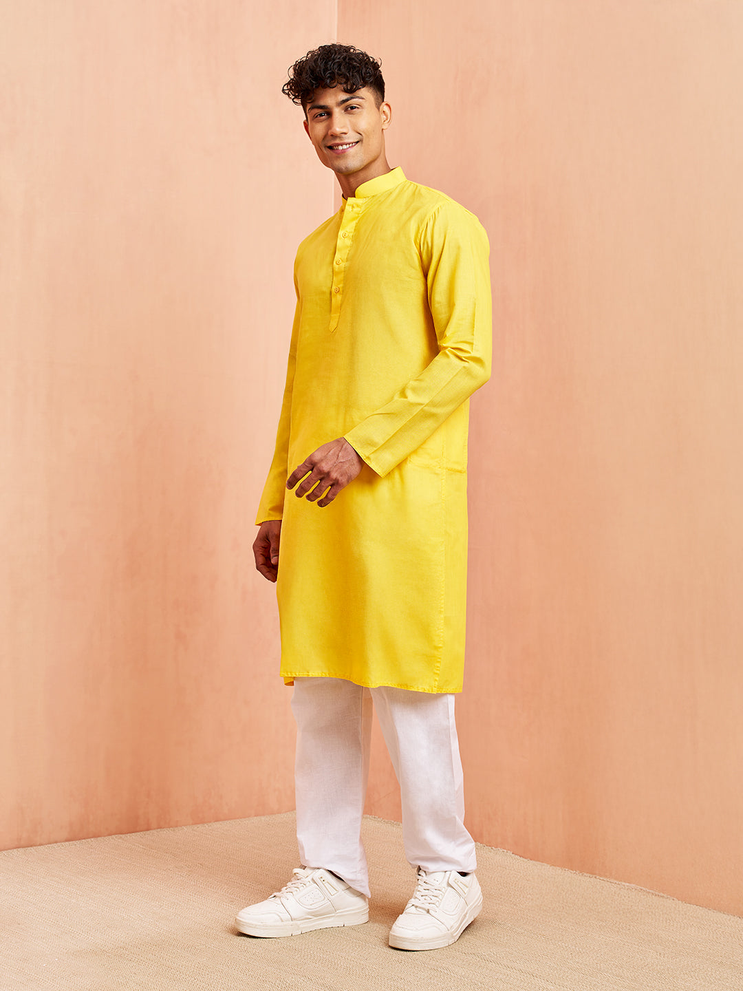 Men's Yellow Cotton Kurta with White Pyjama Set
