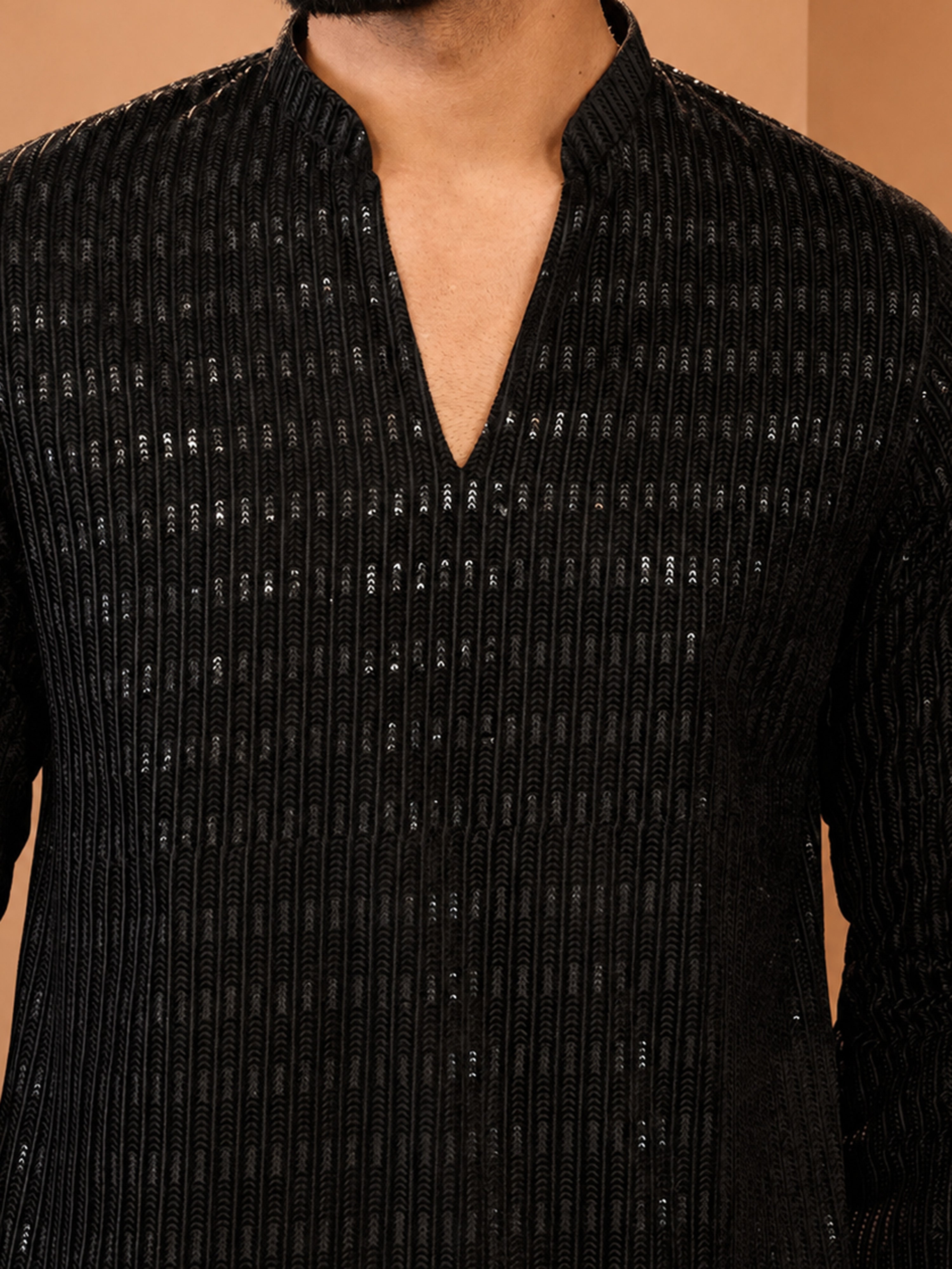 Men's Black Sequined Georgette Kurta Wide Leg Pant Set