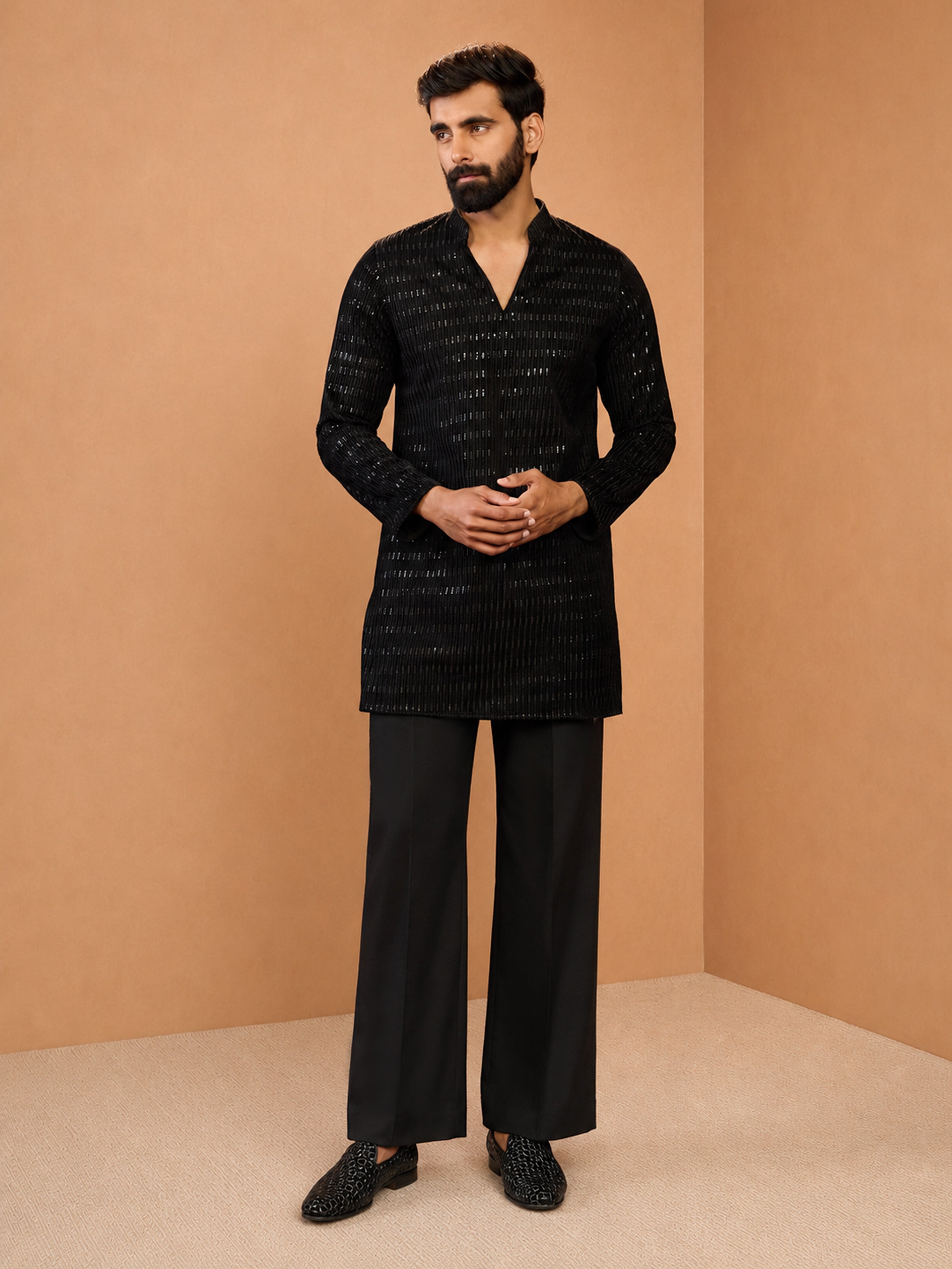 Men's Black Embroidered, Sequin Regular Kurta Pant Set with Wide Leg Pant