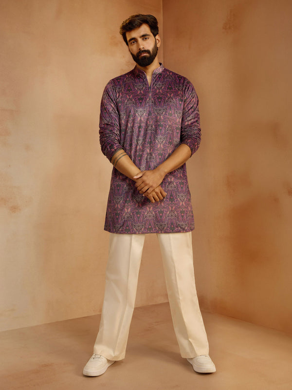 Men's Purple Velvet Digital Print Abstract Kurta with Cream Wide Leg Palazzo Pant Set