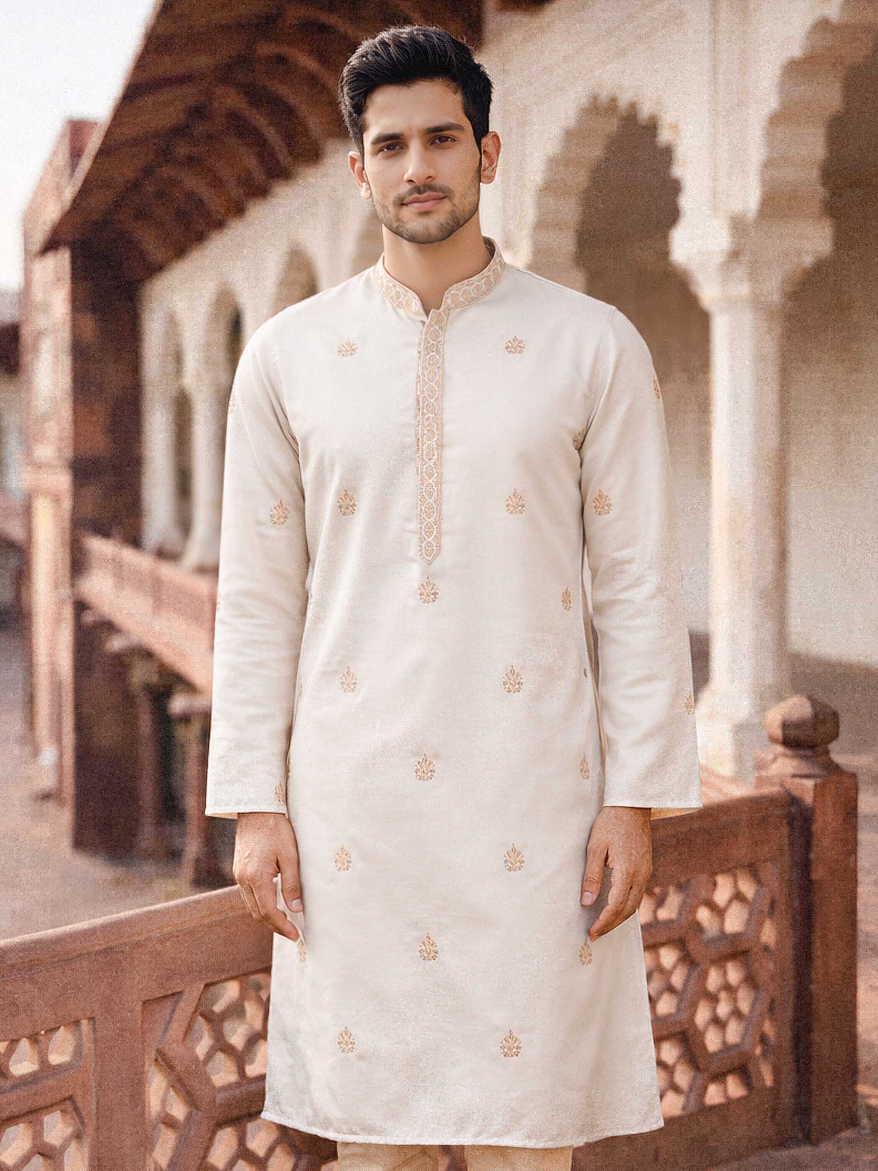 Men's Cream Silk Blend Ethnic Motiff Thigh Length Kurta
