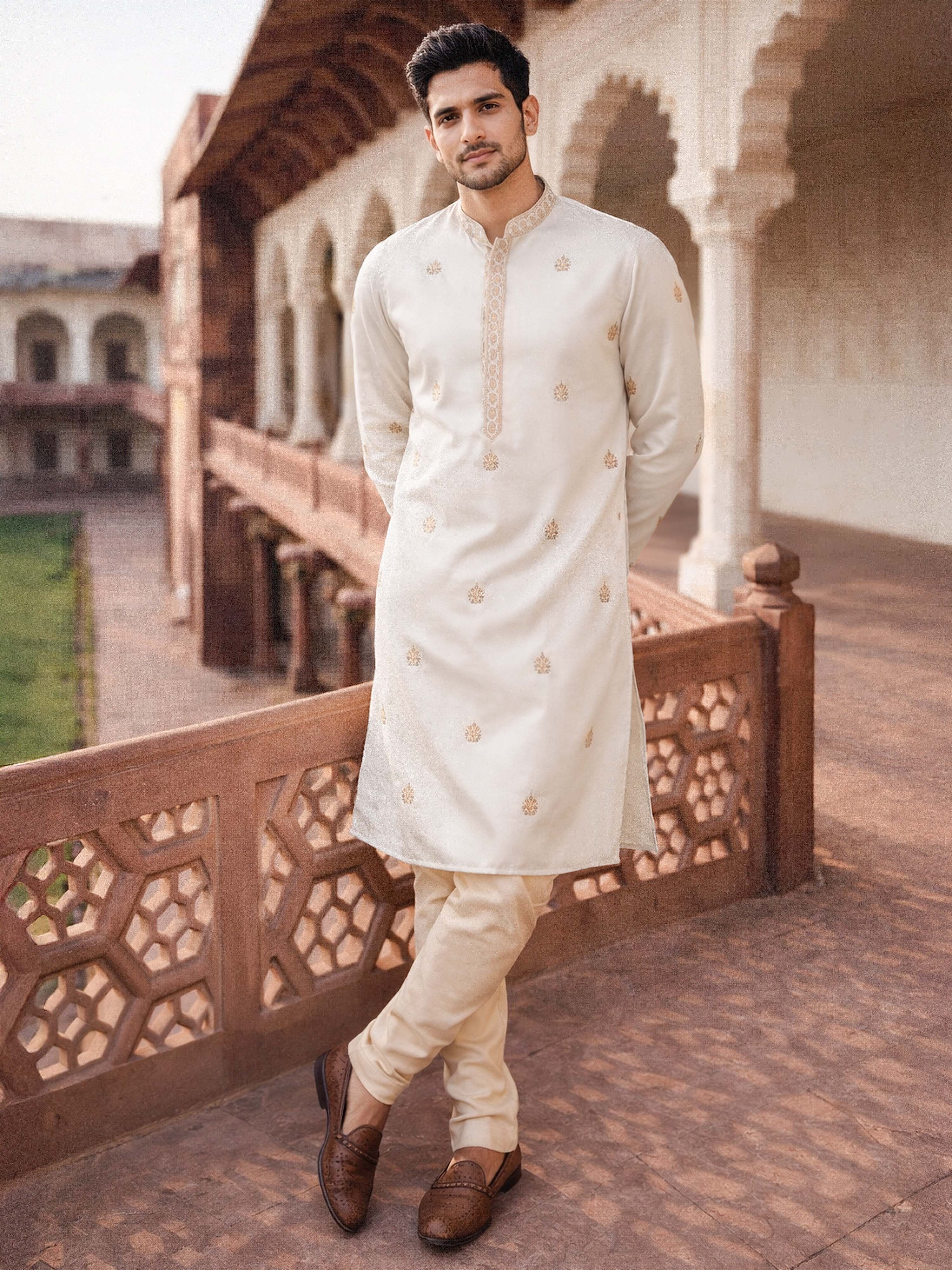 Men's Cream Silk Blend Ethnic Motiff Thigh Length Kurta