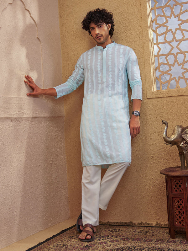 Men Aqua Chikankari Cotton Kurta with Cream Pyjama Set