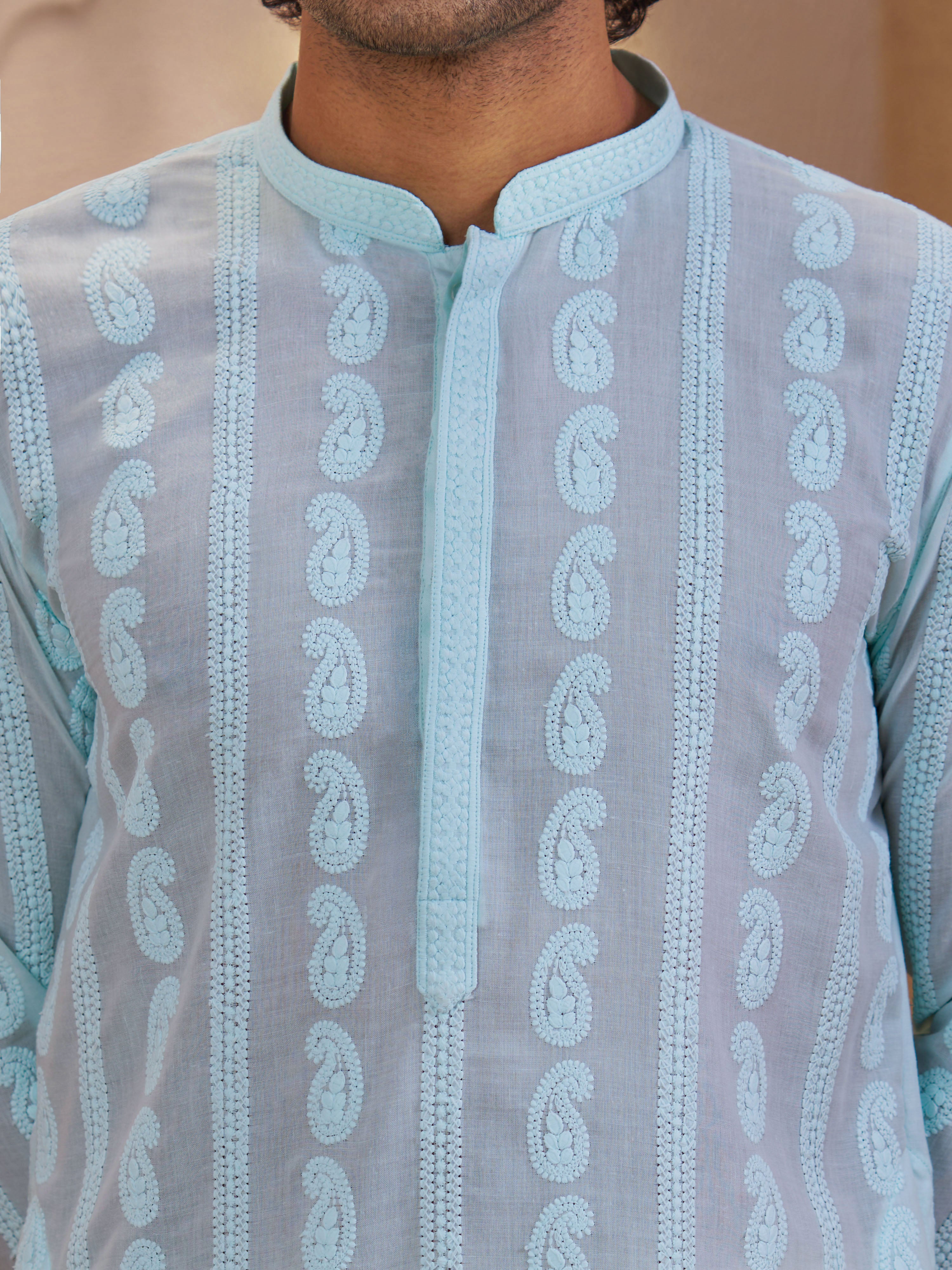 Men Aqua Chikankari Cotton Kurta with Cream Pyjama Set