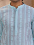 Men Aqua Chikankari Cotton Kurta with Cream Pyjama Set