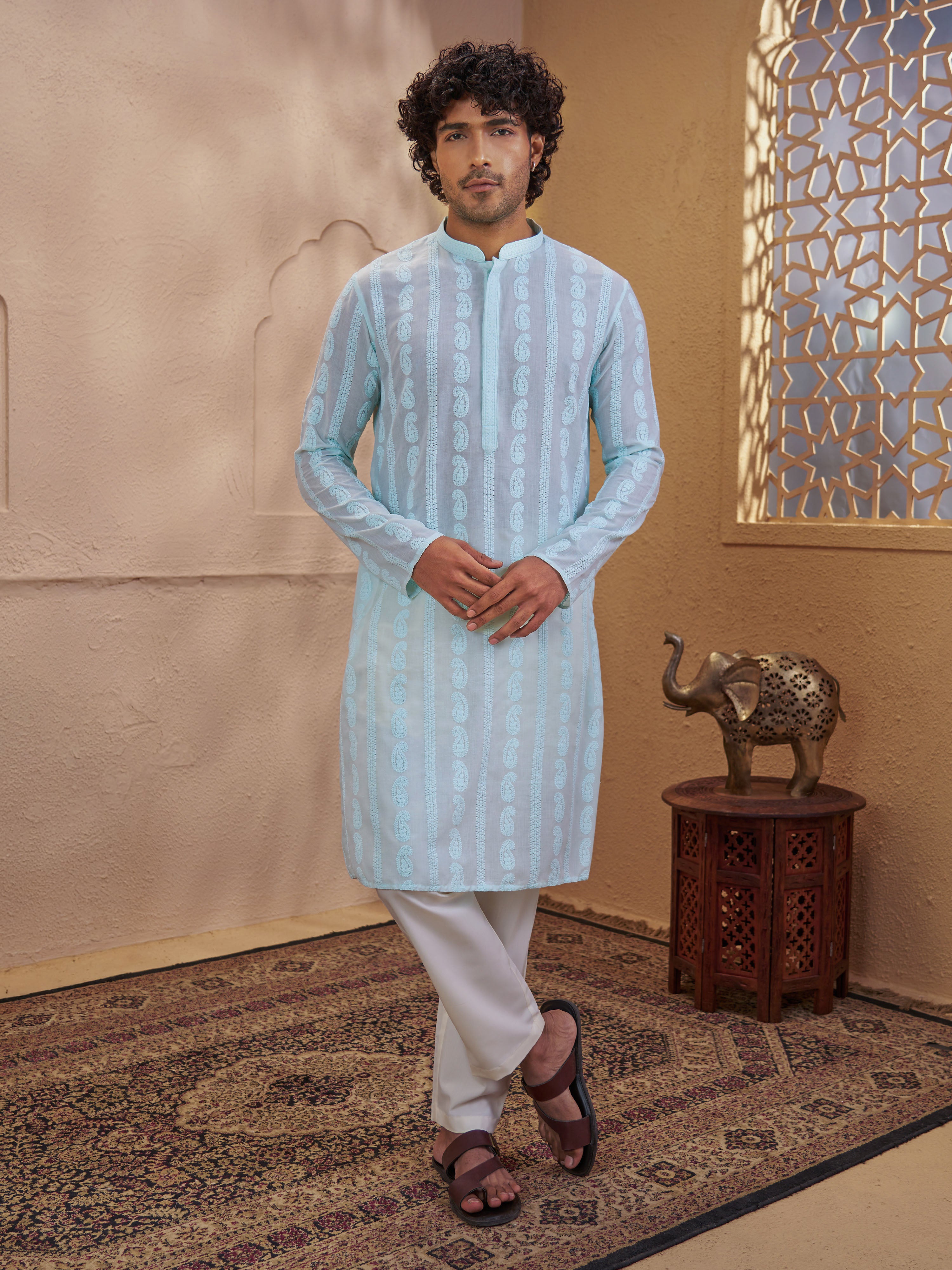 Men Aqua Chikankari Cotton Kurta with Cream Pyjama Set