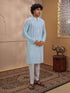 Men Aqua Chikankari Cotton Kurta with Cream Pyjama Set