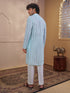 Men Aqua Chikankari Cotton Kurta with Cream Pyjama Set
