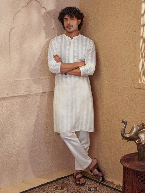 Men Cream Chikankari Cotton Kurta with Cream Pyjama Set