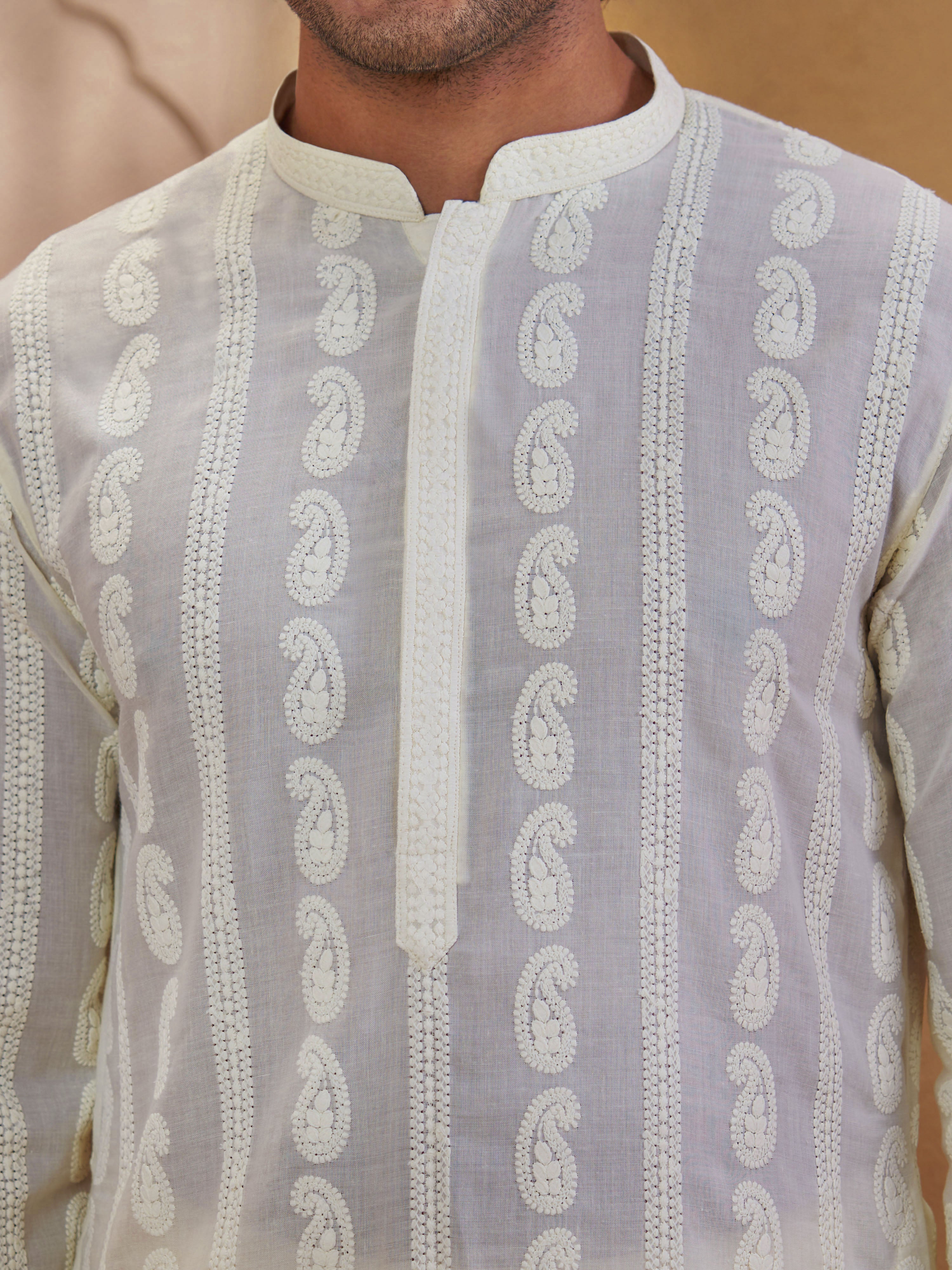 Men Cream Chikankari Cotton Kurta with Cream Pyjama Set