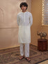 Men Cream Chikankari Cotton Kurta with Cream Pyjama Set