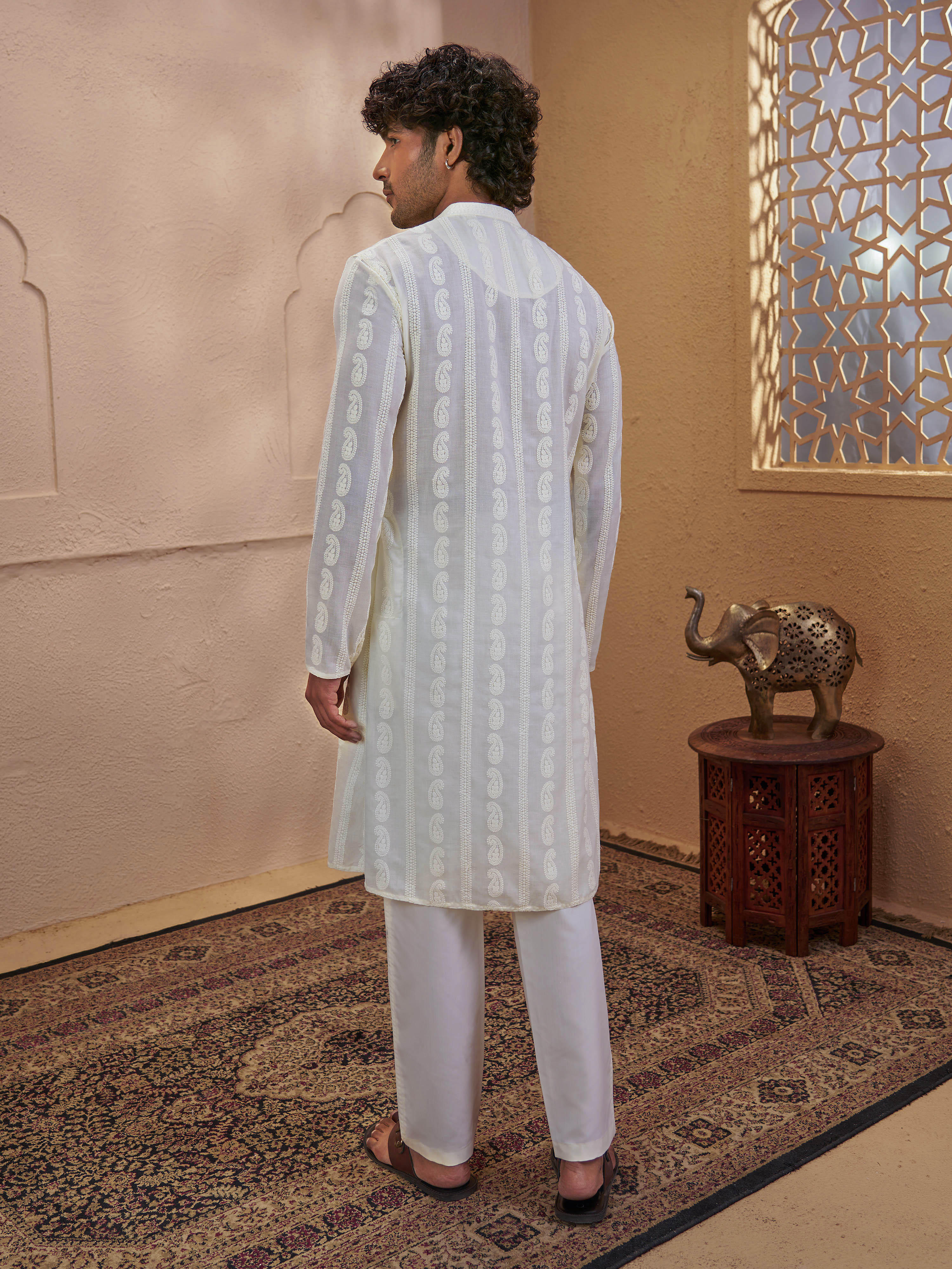Men Cream Chikankari Cotton Kurta with Cream Pyjama Set