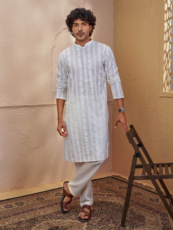 Men Off White Chikankari Cotton Kurta with Cream Pyjama Set
