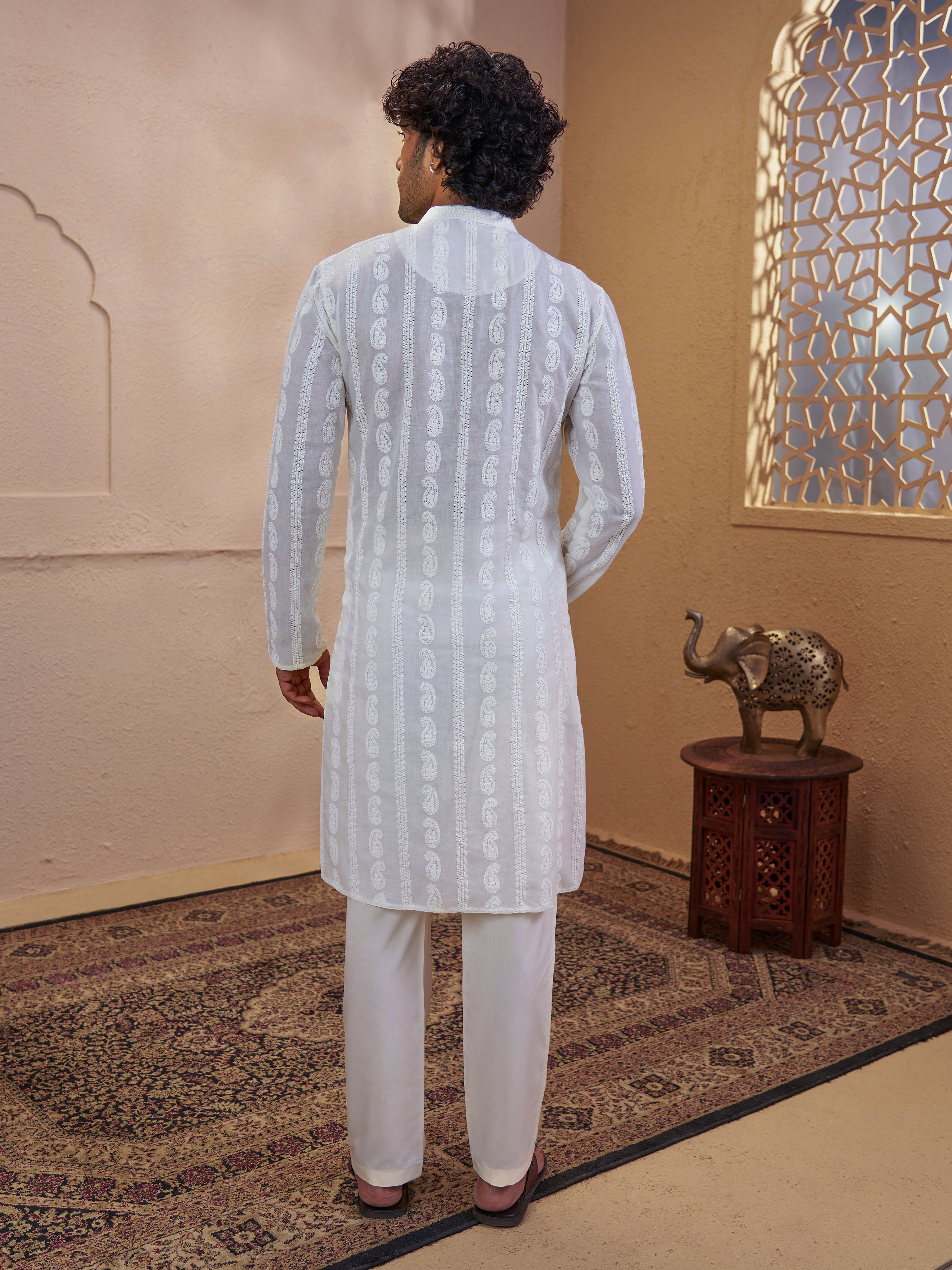Men Off White Chikankari Cotton Kurta with Cream Pyjama Set