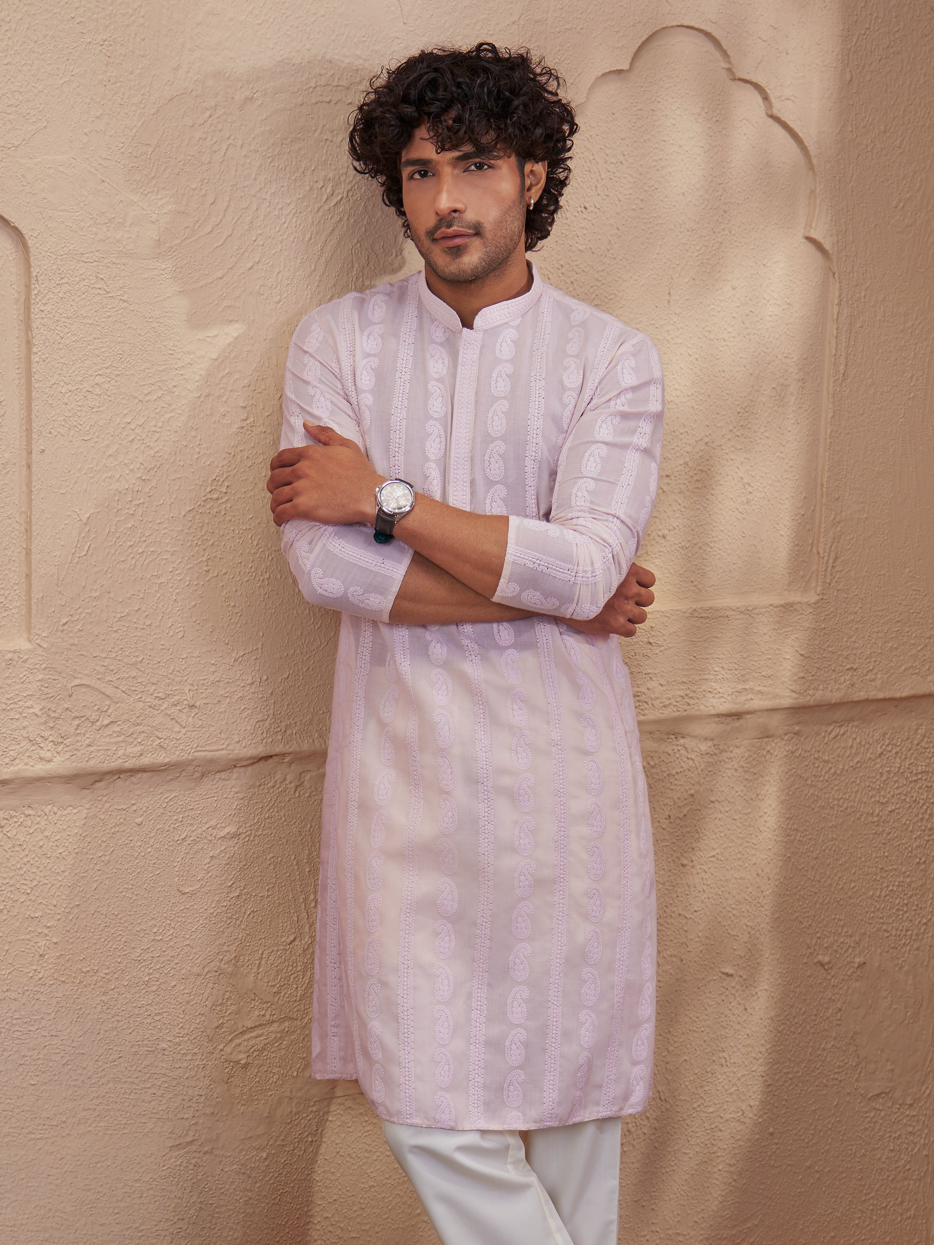 Vastramay Men Peach Cotton Chikankari Embroidered Kurta