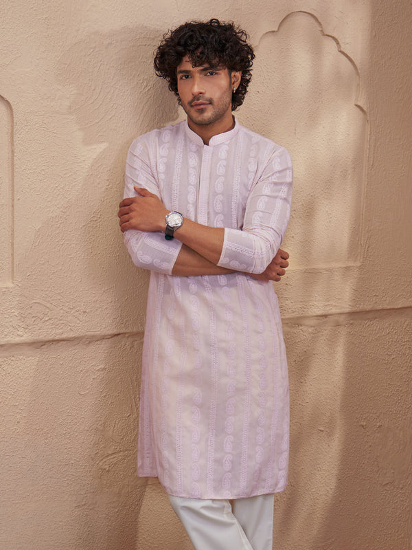 Vastramay Men Peach Cotton Chikankari Embroidered Kurta