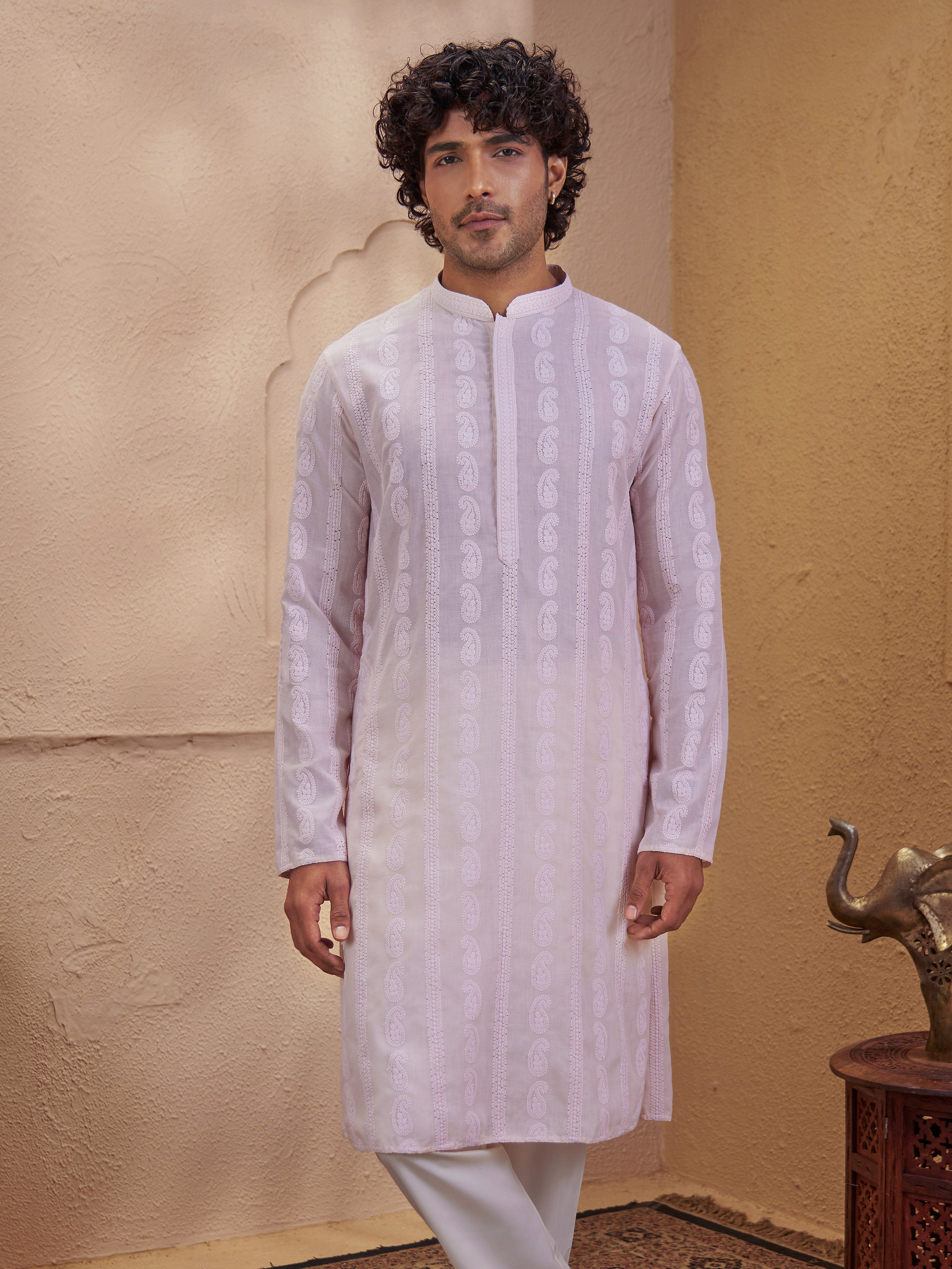 Vastramay Men Peach Cotton Chikankari Embroidered Kurta