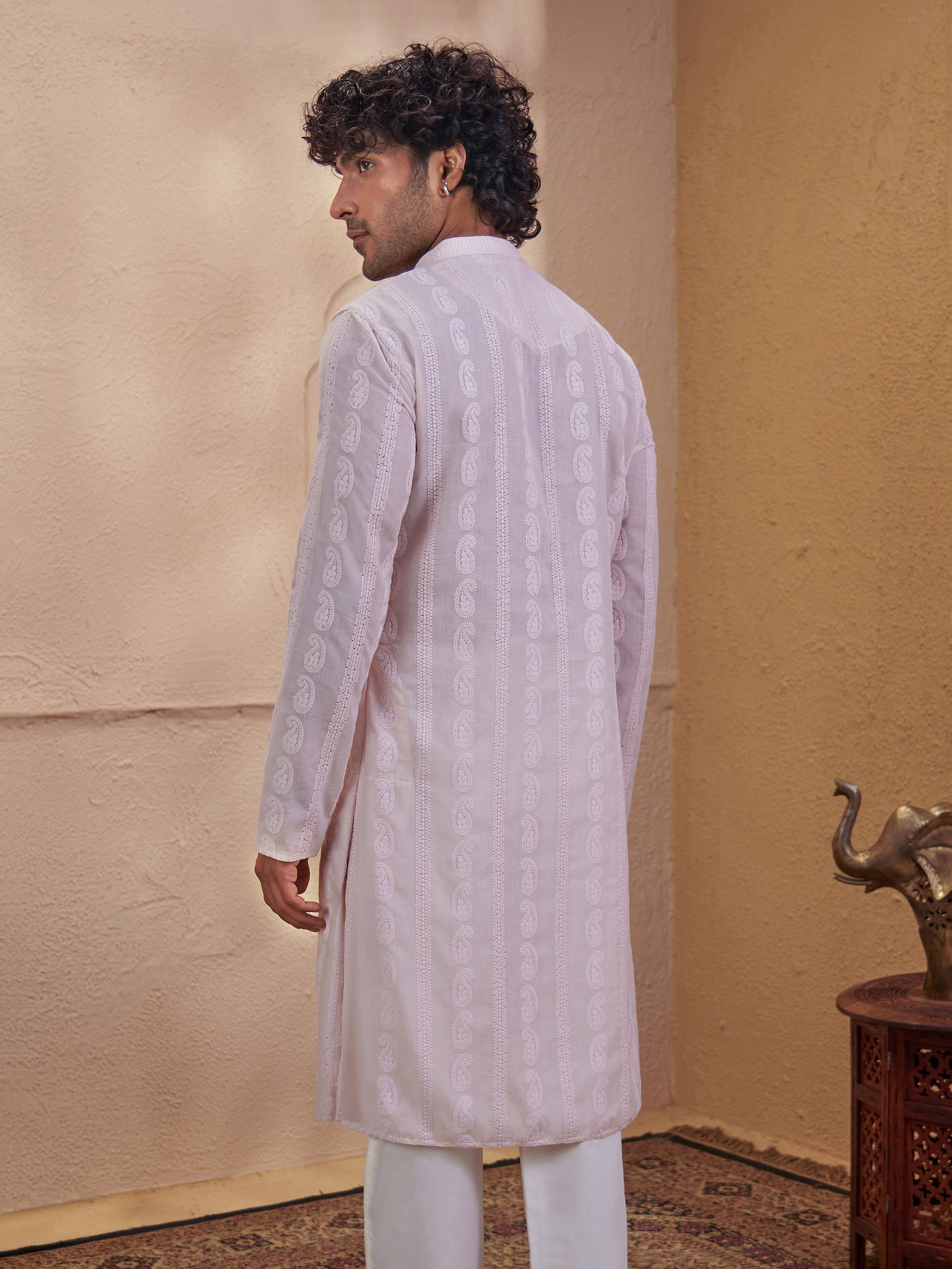 Vastramay Men Peach Cotton Chikankari Embroidered Kurta