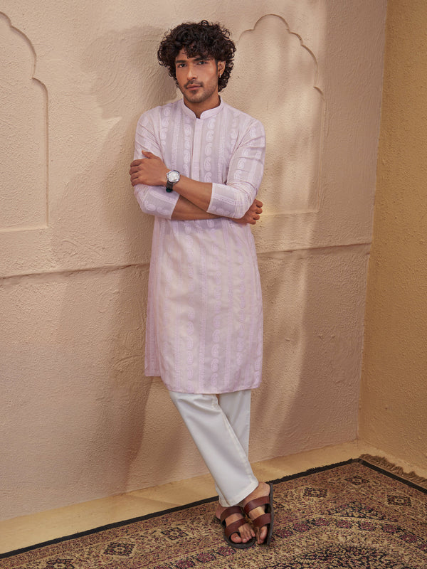 Men Peach Chikankari Cotton Kurta with Cream Pyjama Set