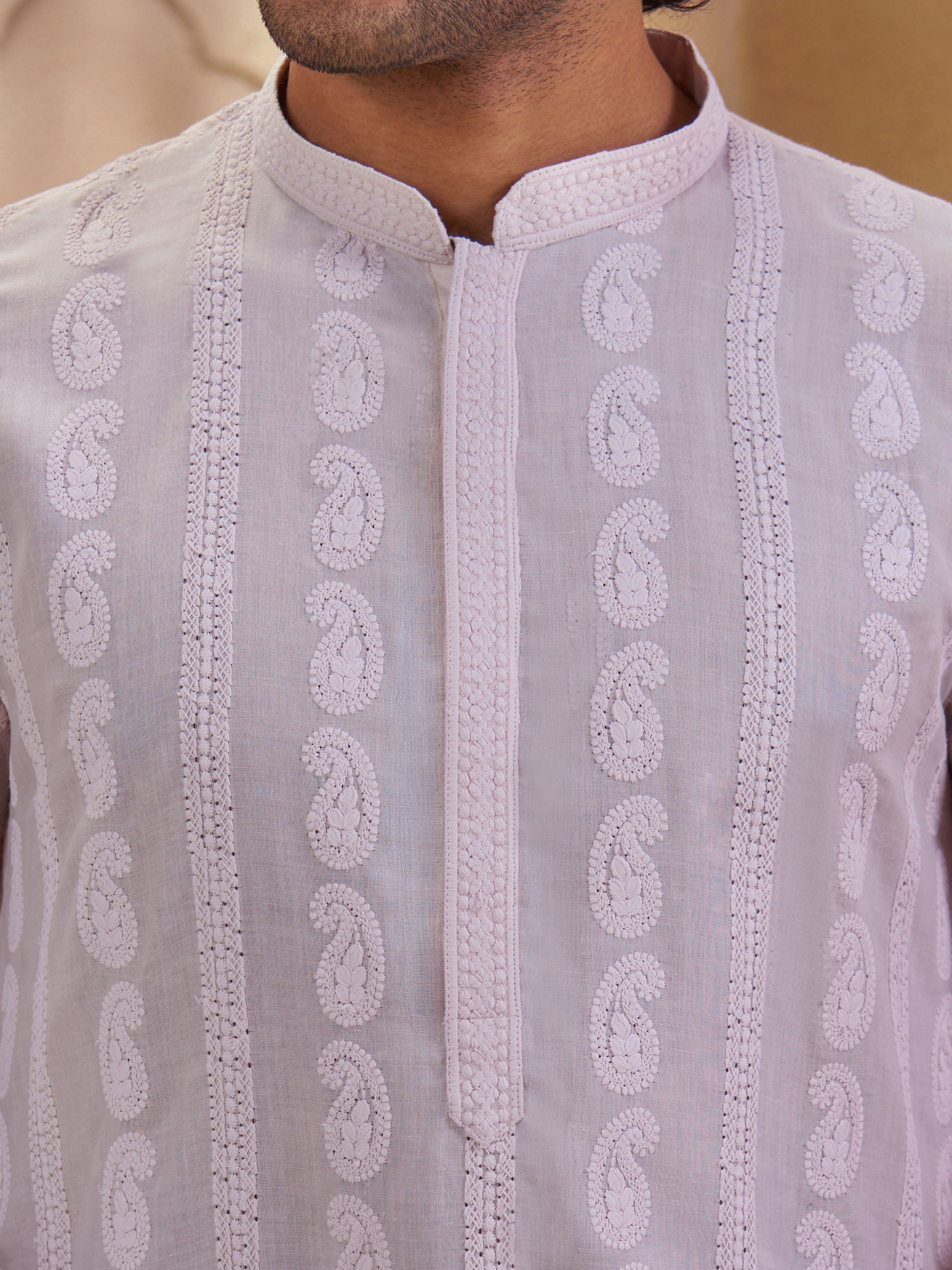 Men Peach Chikankari Cotton Kurta with Cream Pyjama Set