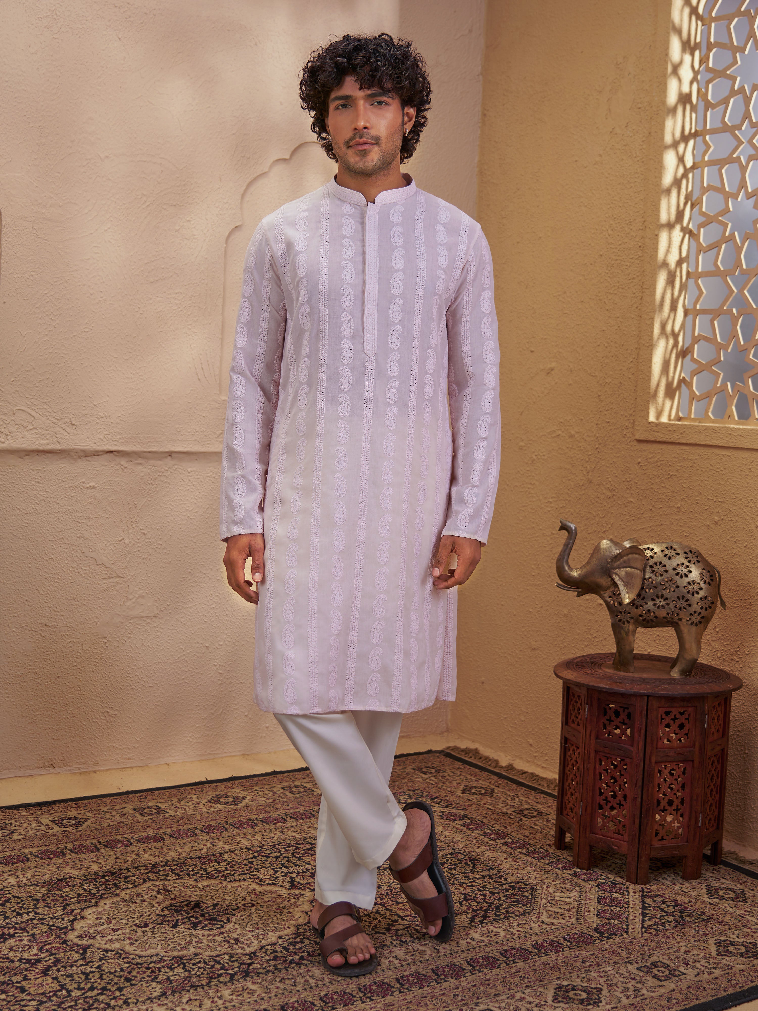 Men Peach Chikankari Cotton Kurta with Cream Pyjama Set