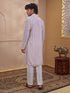 Men Peach Chikankari Cotton Kurta with Cream Pyjama Set