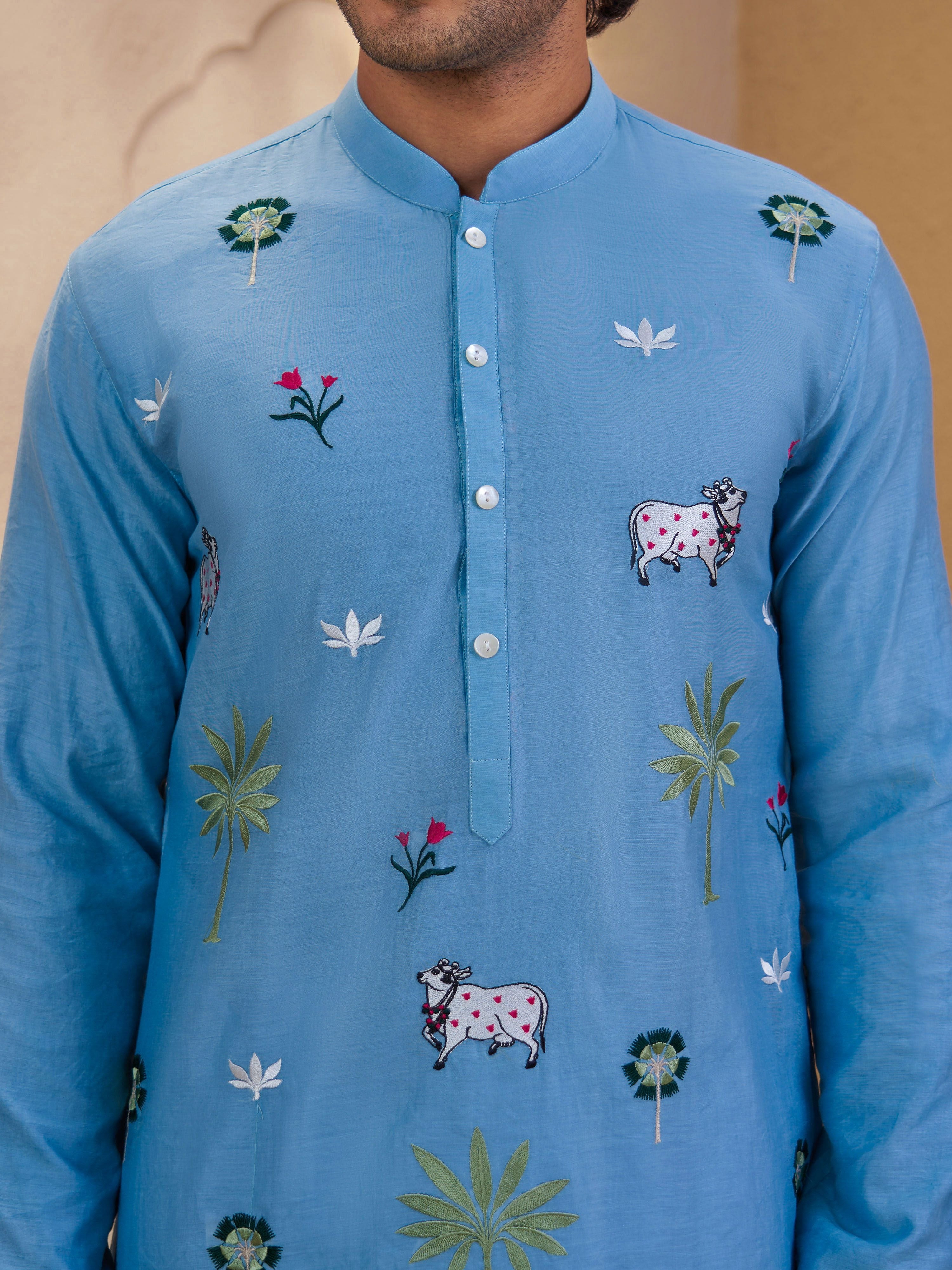 Men's Aqua Woven Fabric Embroidered Thigh Length Kurta