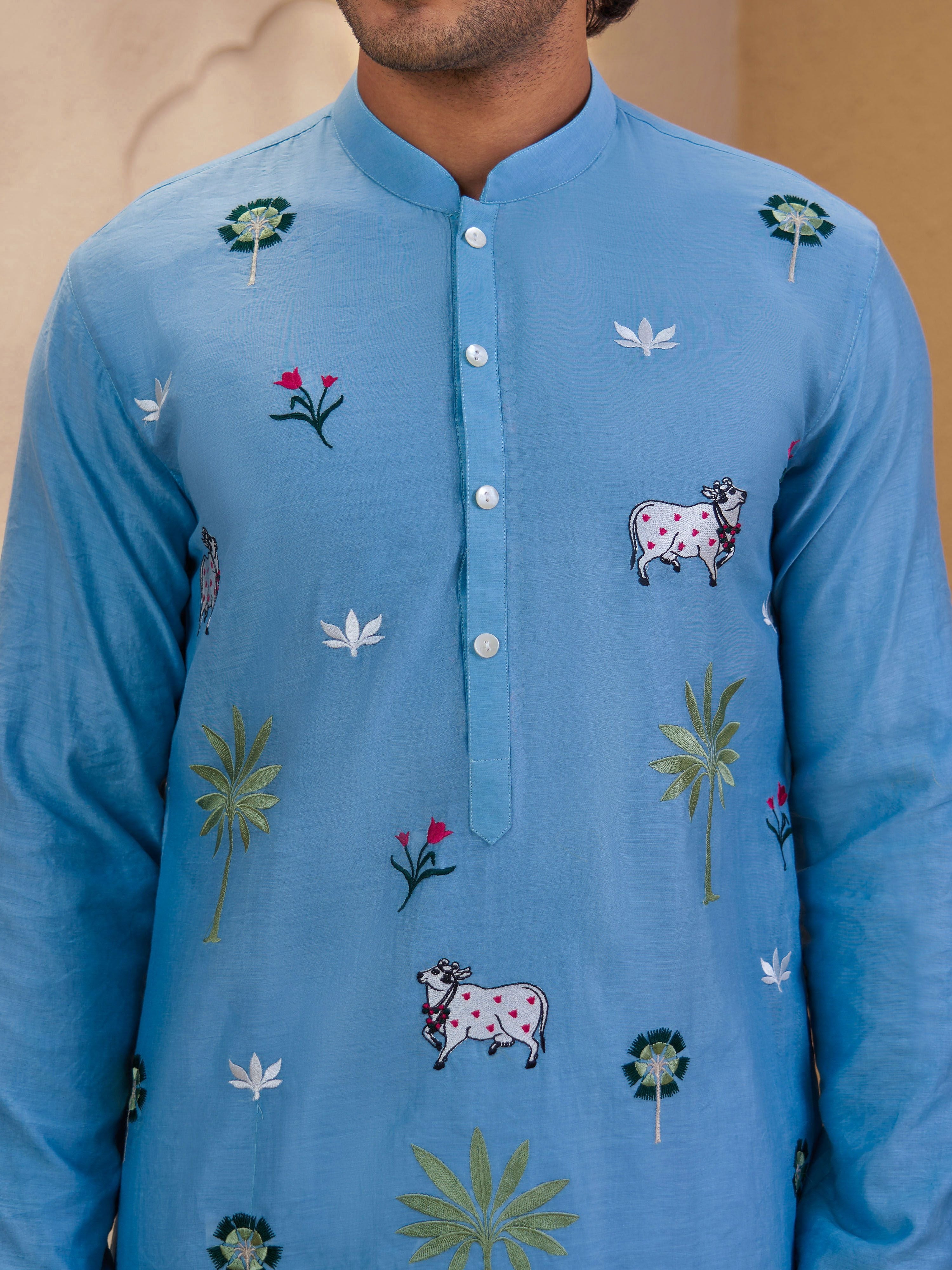 Men's Aqua Cotton Embroidered Thigh Length Kurta With Pyjama