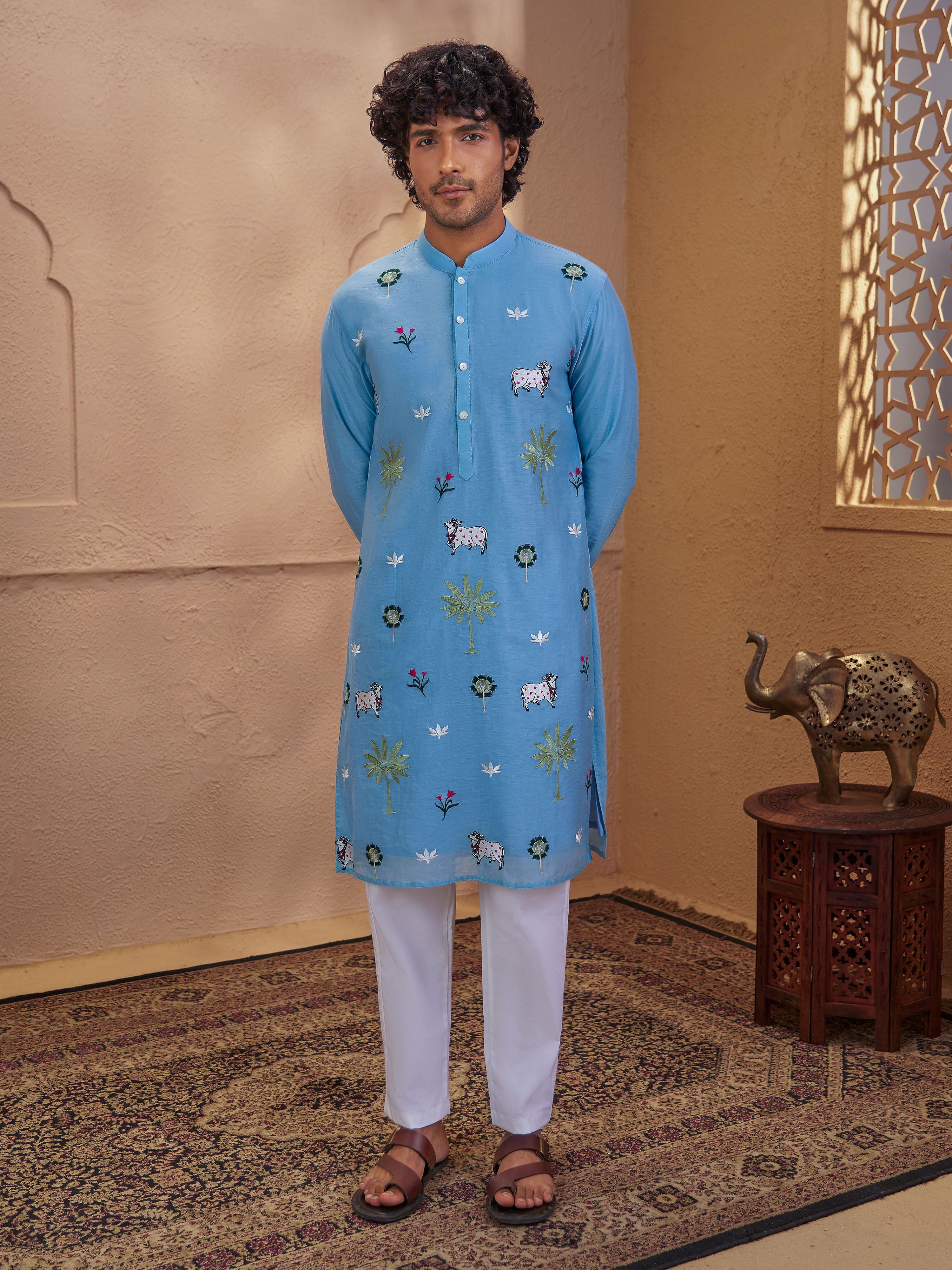 Men's Aqua Cotton Embroidered Thigh Length Kurta With Pyjama