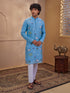 Men's Aqua Cotton Embroidered Thigh Length Kurta With Pyjama