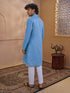 Men's Aqua Cotton Embroidered Thigh Length Kurta With Pyjama