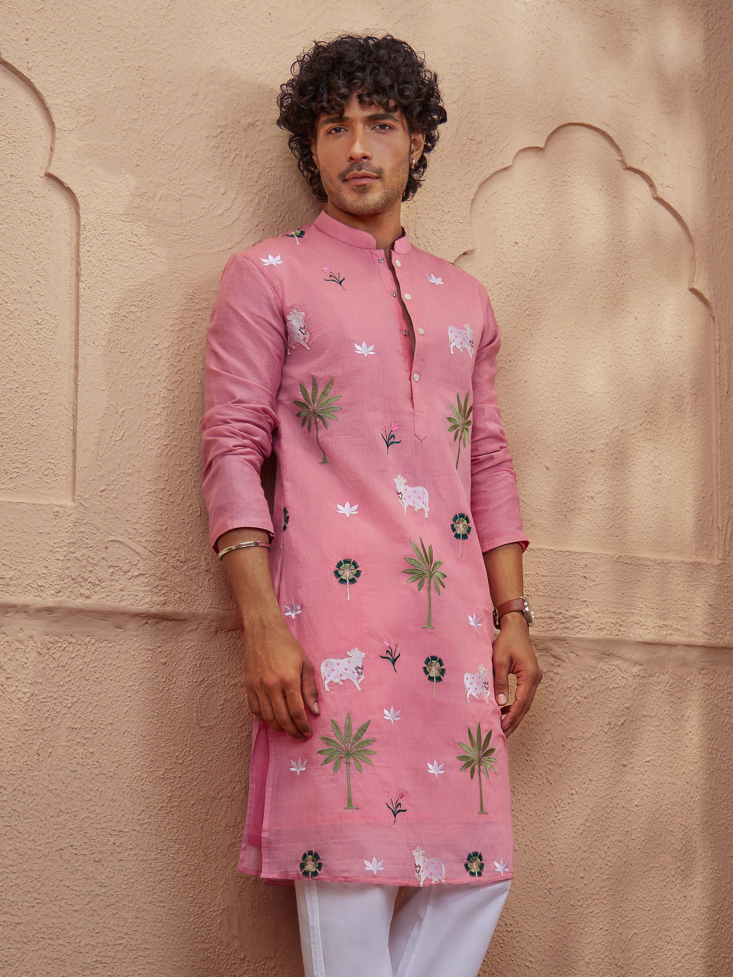 Men Pink Thread Embroidered Mandarin Collar Kurta