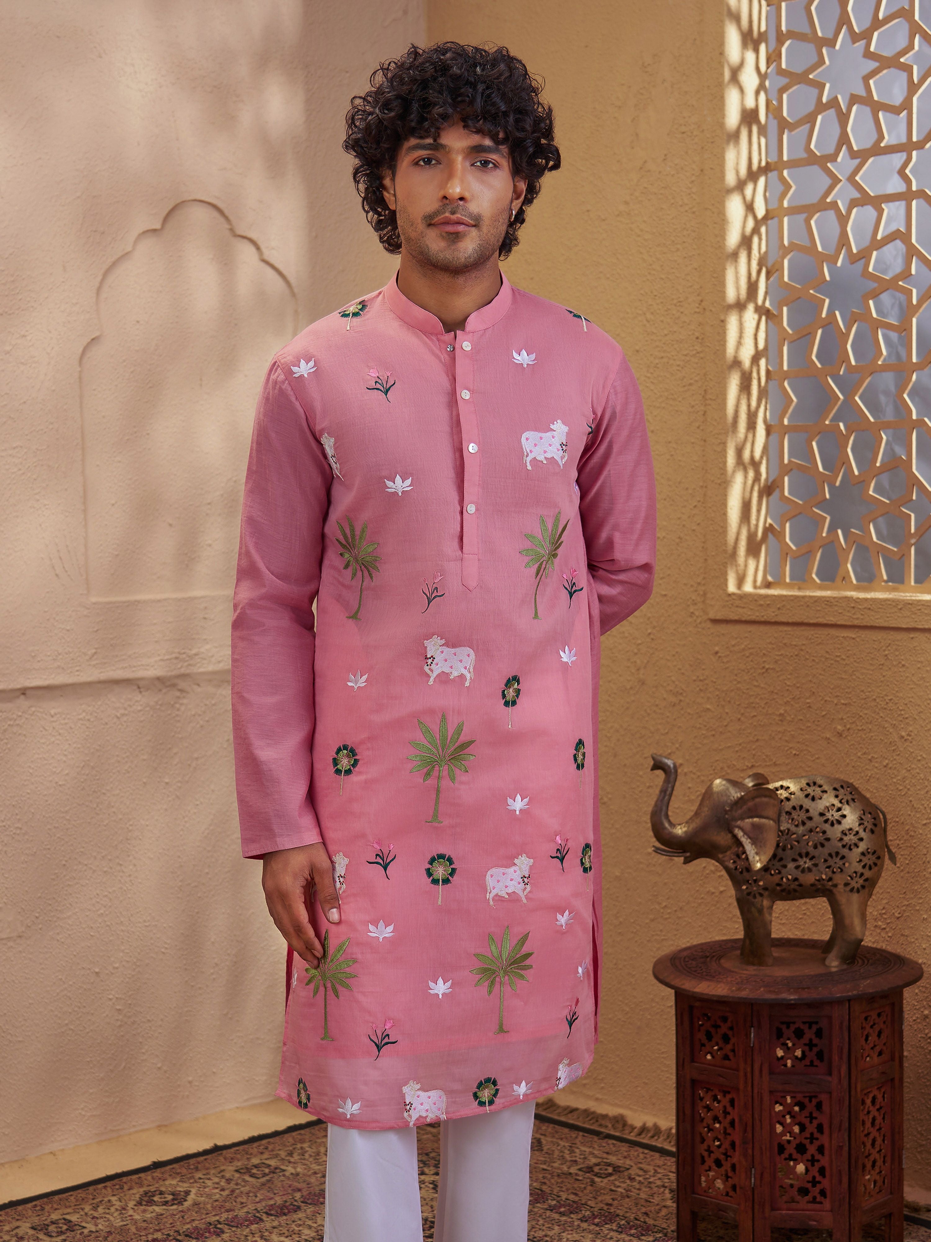 Men's Pink Woven Fabric Embroidered Thigh Length Kurta