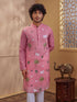 Men's Pink Woven Fabric Embroidered Thigh Length Kurta