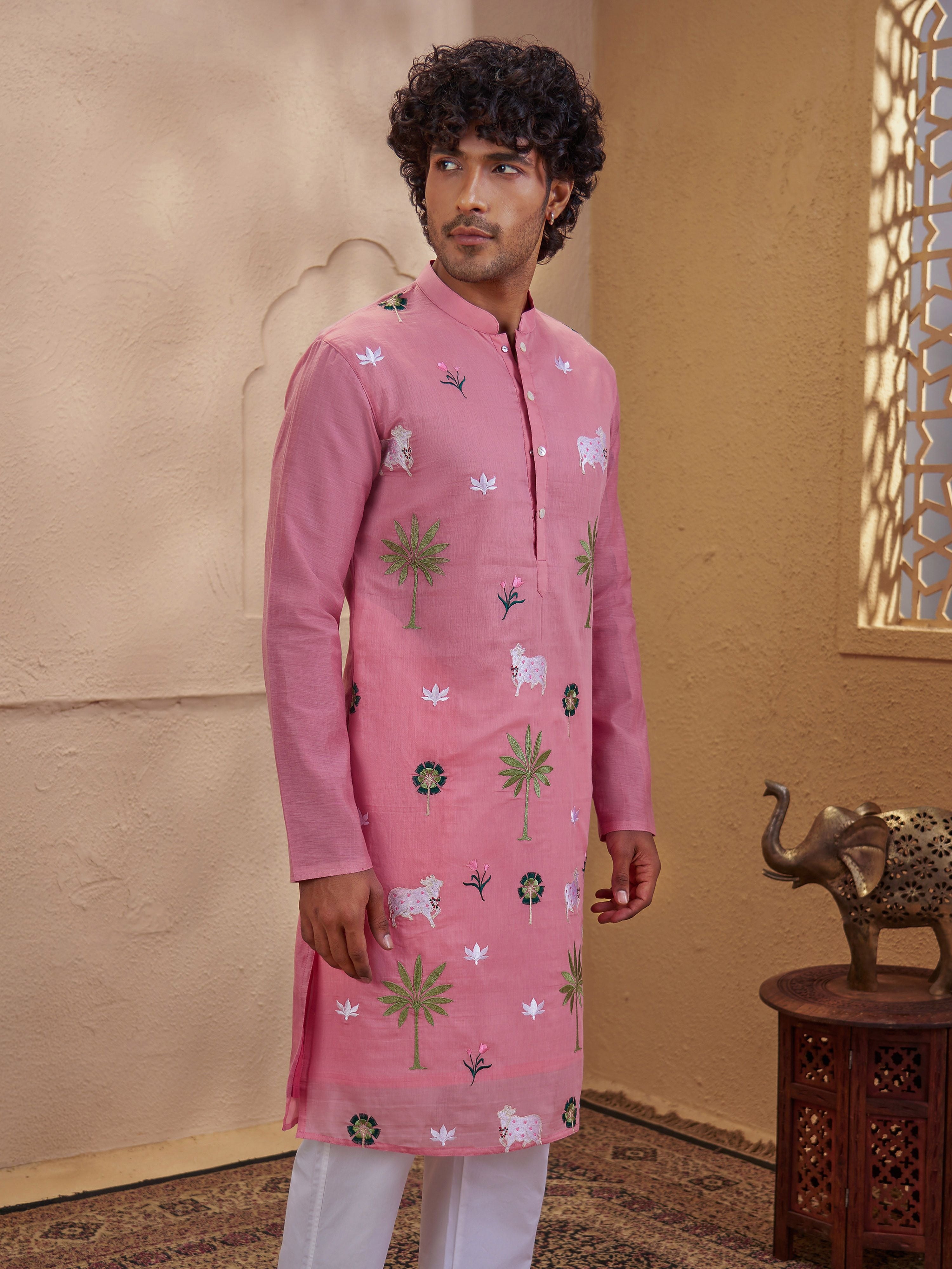 Men's Pink Woven Fabric Embroidered Thigh Length Kurta