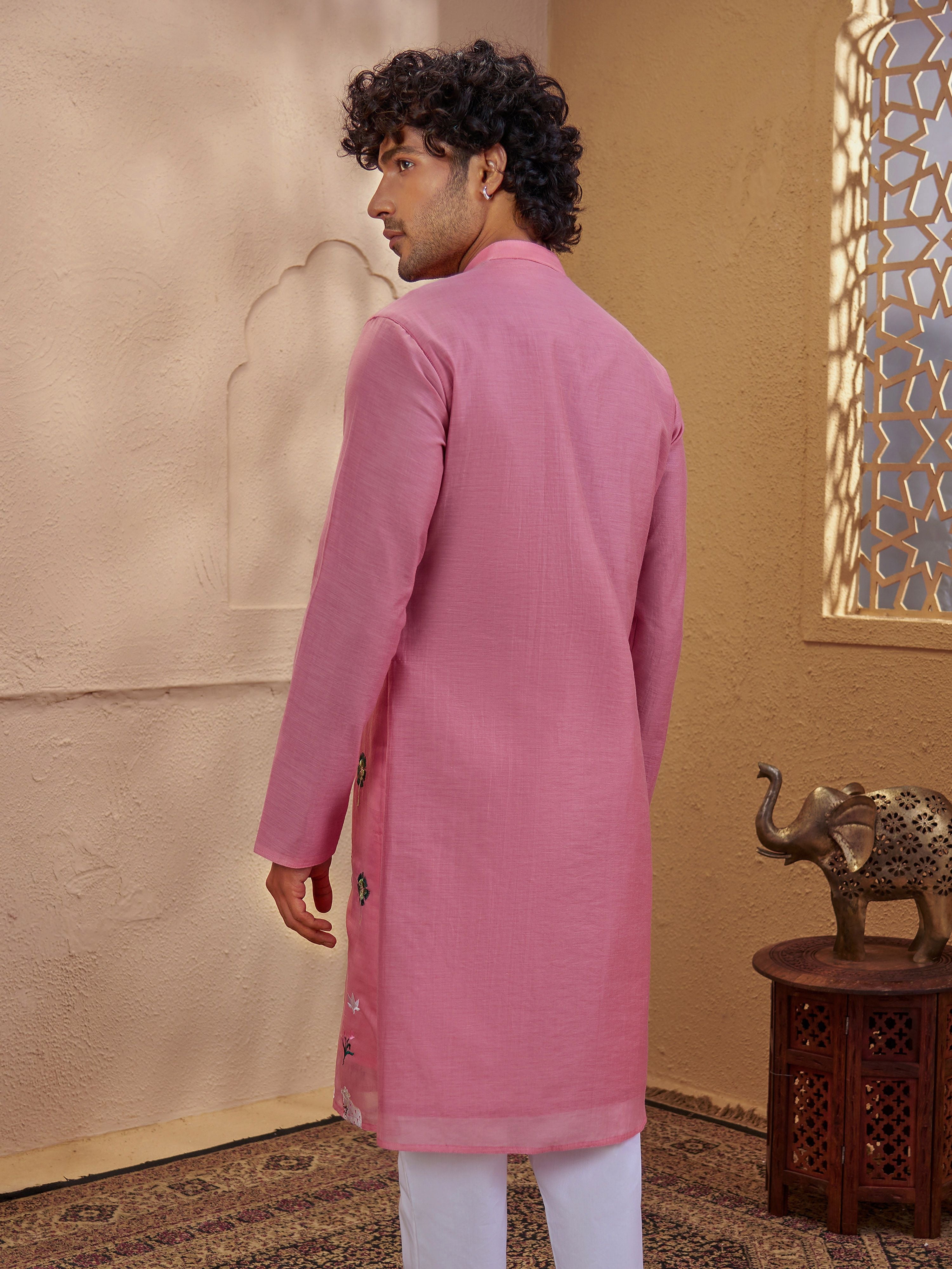 Men's Pink Woven Fabric Embroidered Thigh Length Kurta