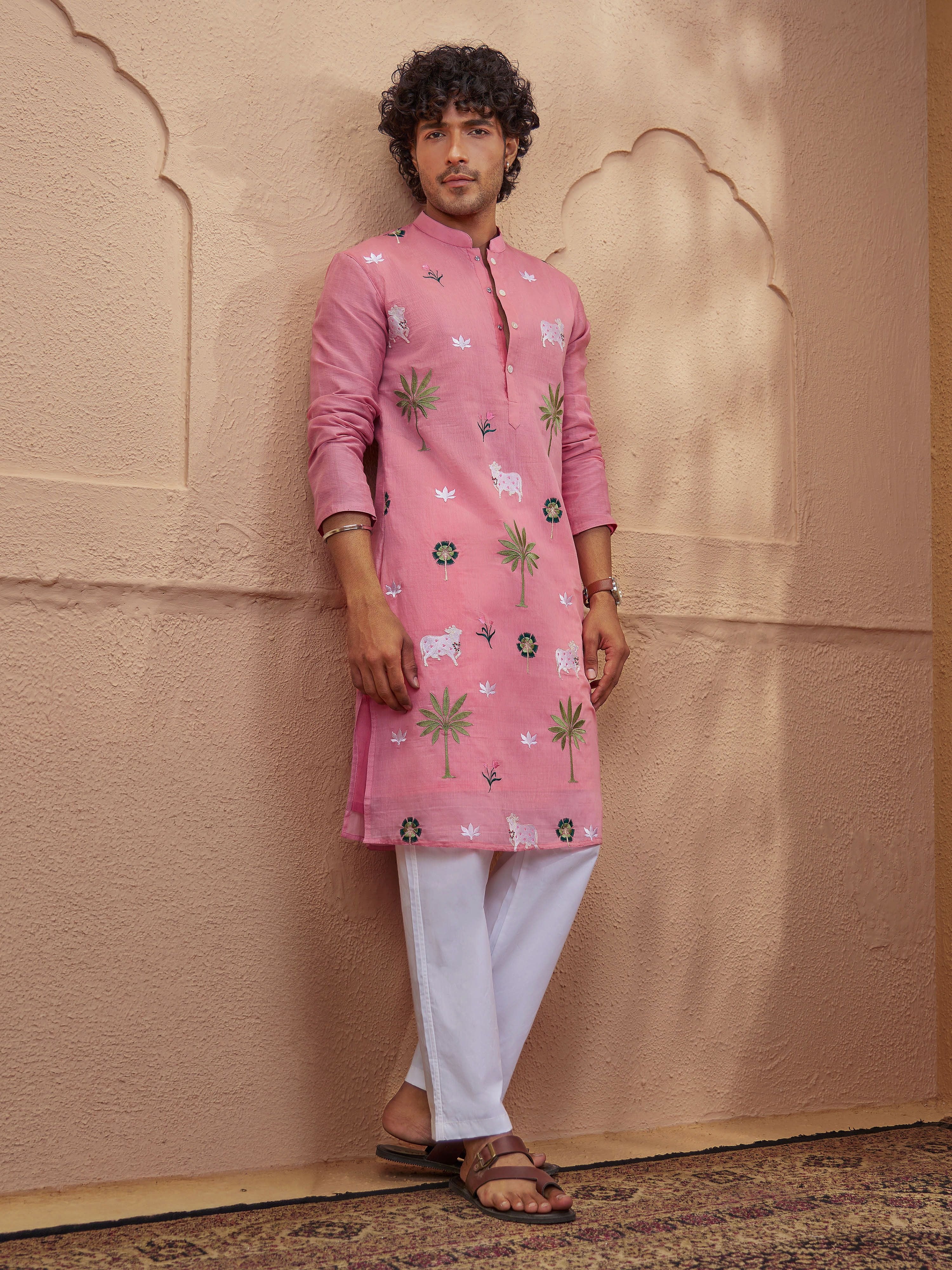 Men's Pink Woven Fabric Embroidered Thigh Length Kurta