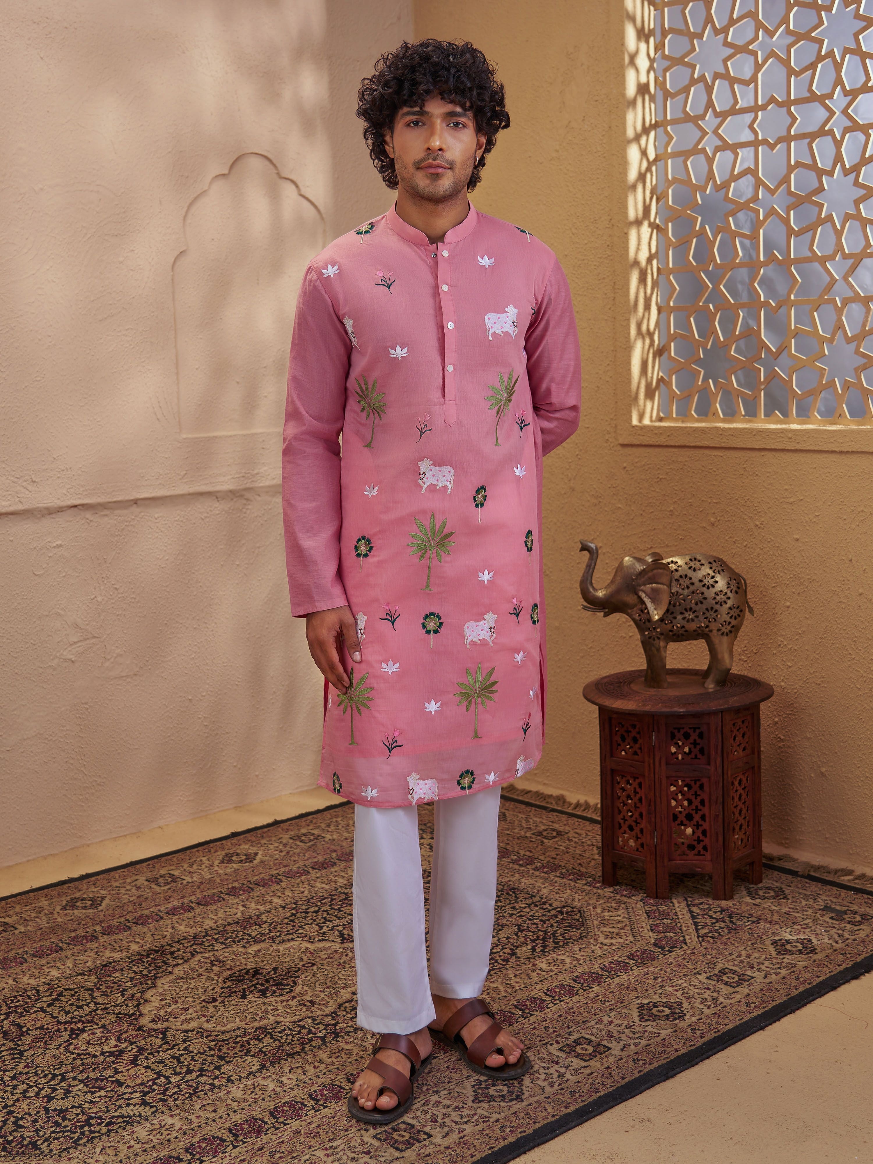 Men's Pink Cotton Embroidered Thigh Length Kurta With Pyjama