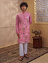 Men's Pink Cotton Embroidered Thigh Length Kurta With Pyjama