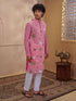 Men's Pink Cotton Embroidered Thigh Length Kurta With Pyjama