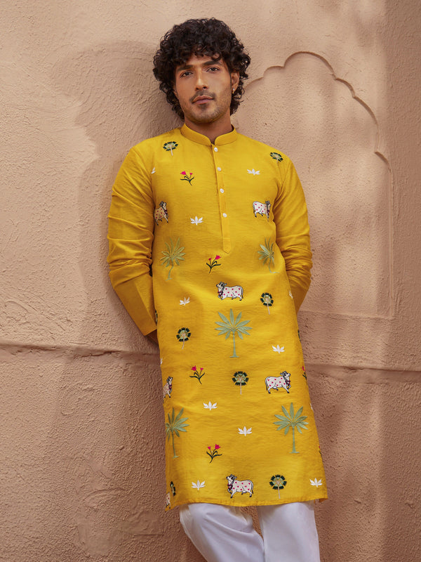 Men Yellow Embroidered Kurta with Mandarin Collar