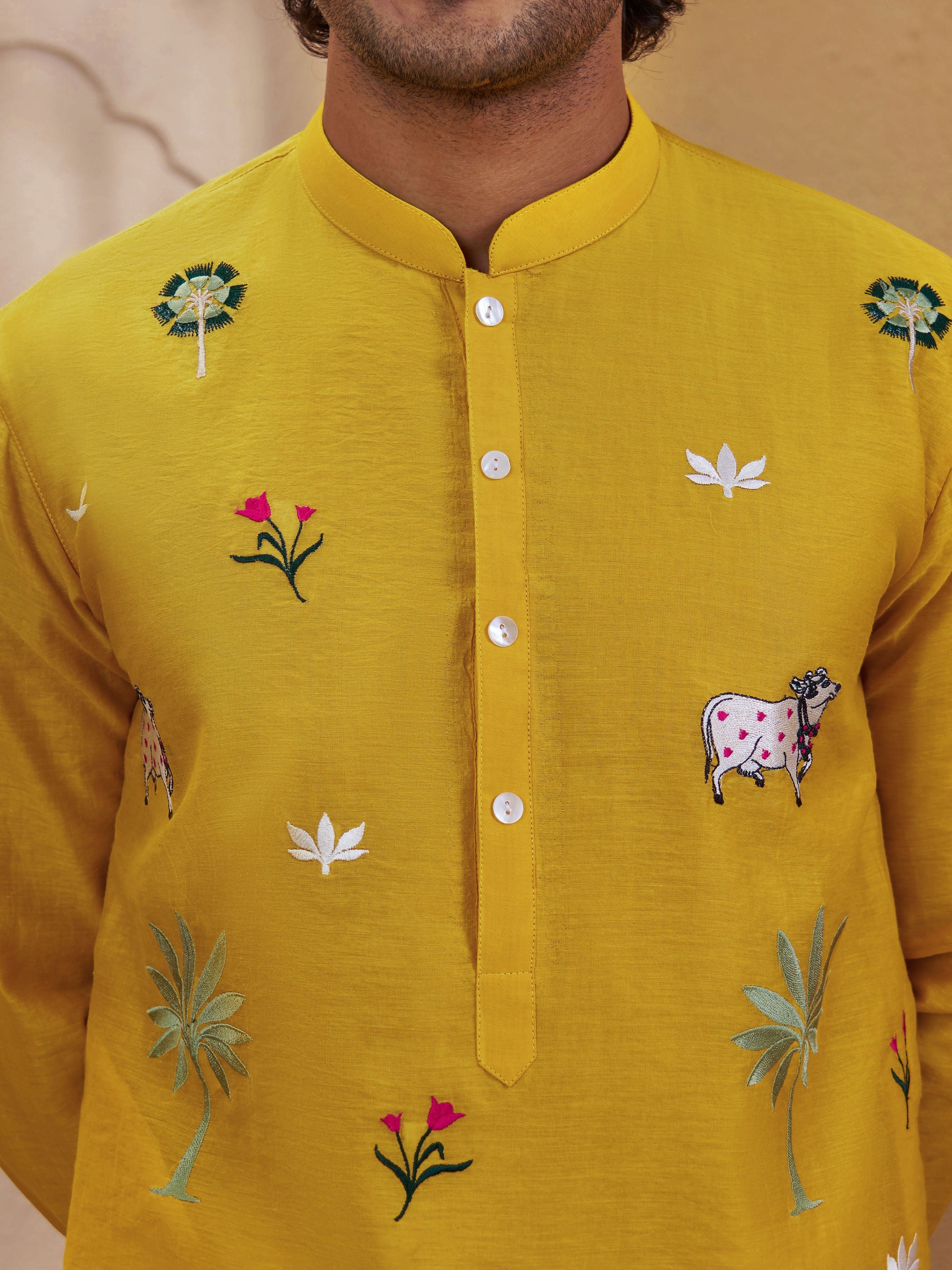 Men's Yellow Woven Fabric Embroidered Thigh Length Kurta