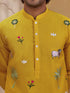 Men's Yellow Cotton Embroidered Thigh Length Kurta With Pyjama