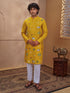 Men's Yellow Cotton Embroidered Thigh Length Kurta With Pyjama