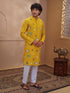Men's Yellow Cotton Embroidered Thigh Length Kurta With Pyjama
