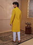 Men's Yellow Cotton Embroidered Thigh Length Kurta With Pyjama