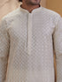 Men's Beige Jacquard+ Embroidered Thigh Length Kurta