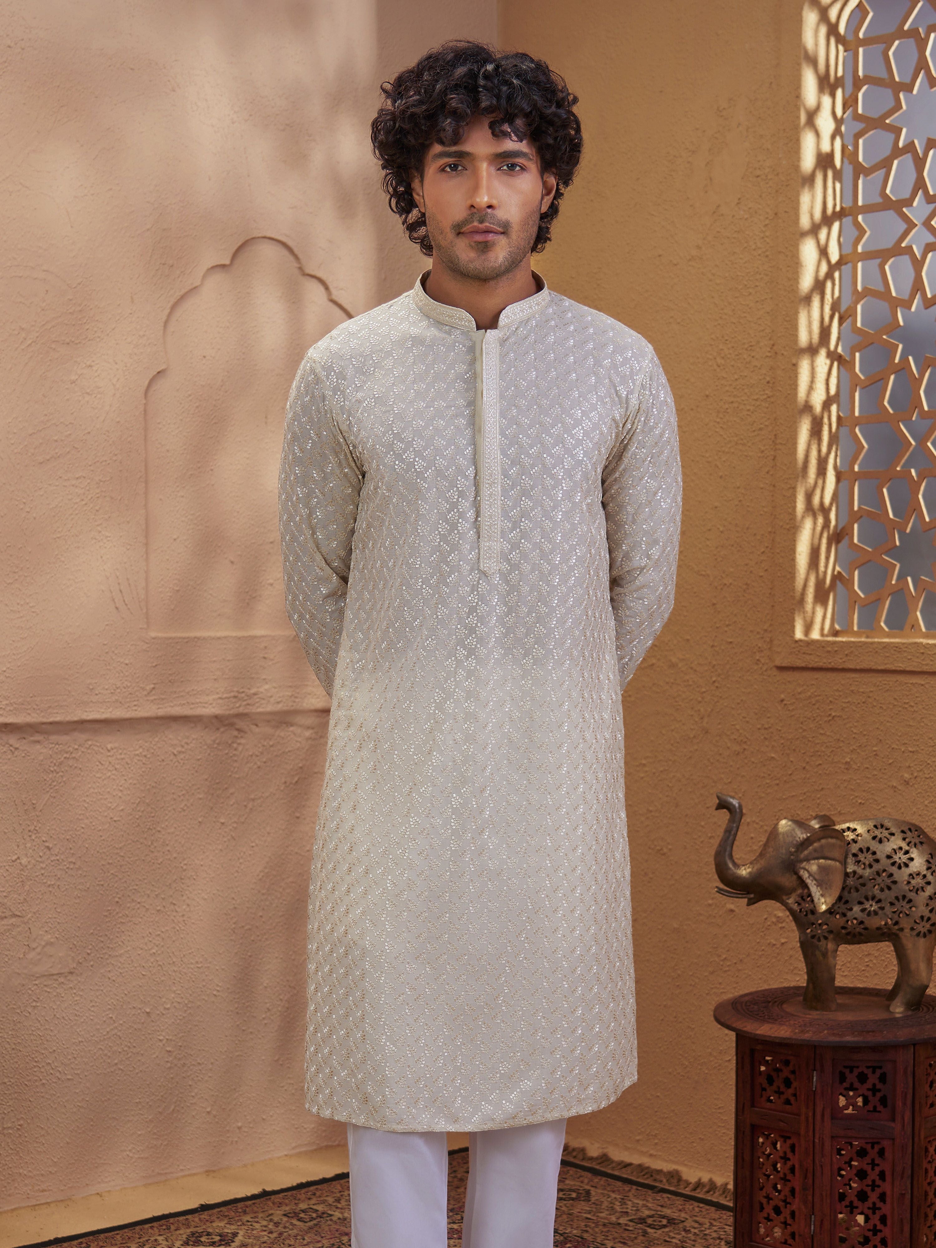 Men's Beige Jacquard+ Embroidered Thigh Length Kurta