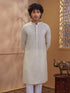 Men's Beige Jacquard+ Embroidered Thigh Length Kurta