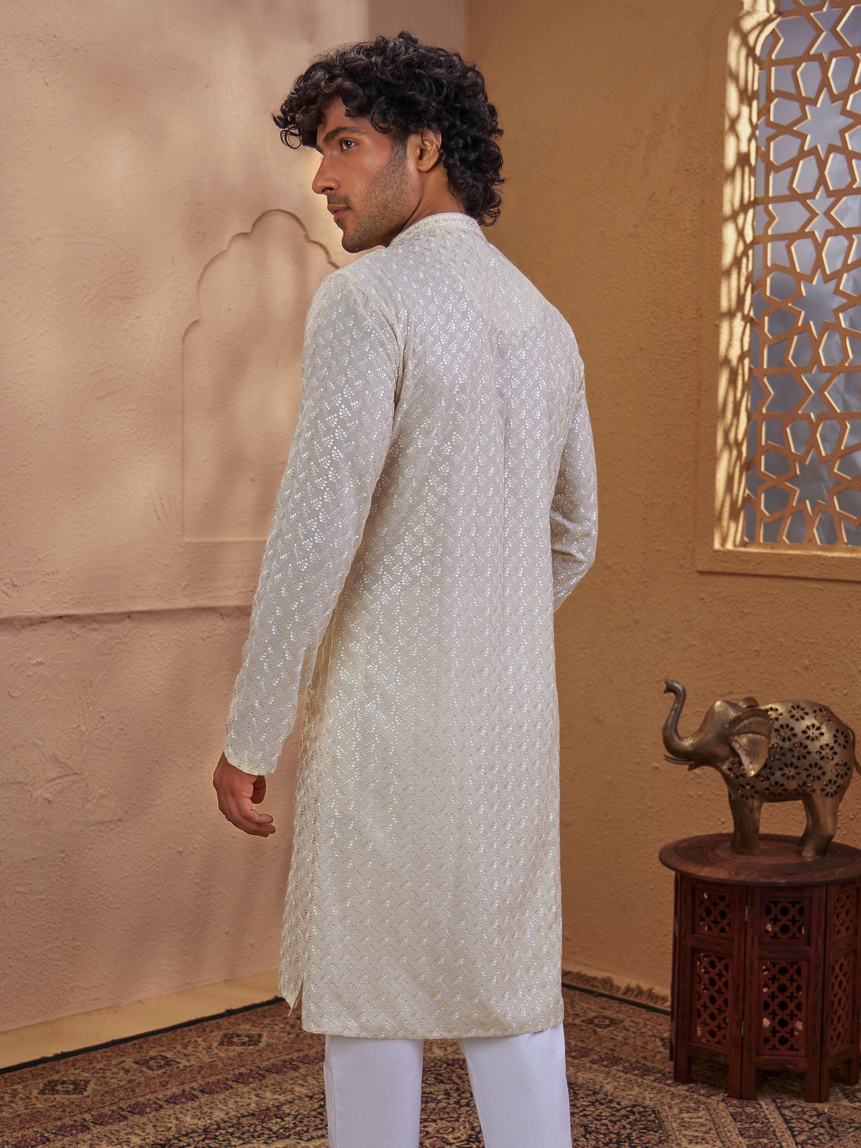 Men's Beige Jacquard+ Embroidered Thigh Length Kurta